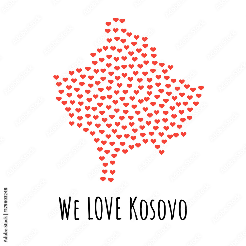 Kosovo Map with red hearts - symbol of love. abstract background