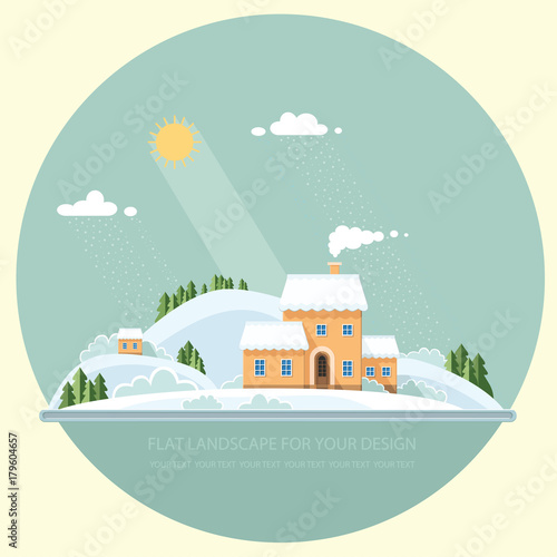 Winter landscape mountains snow-capped hills. flat vector illustration