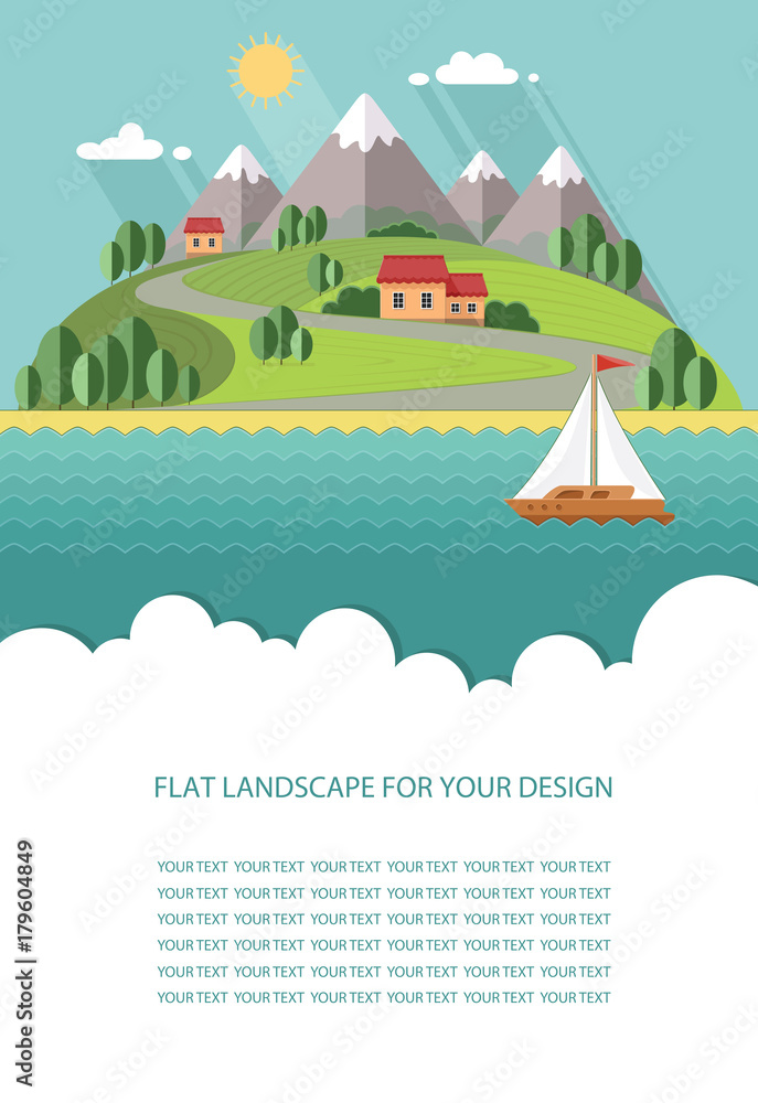 Blank for text. Spring, summer landscape. Little city street with small houses and trees. Flat vector Infographics design Blank for text. Spring, summer landscape. Little city street with small houses and trees. Flat vector Infographics design
