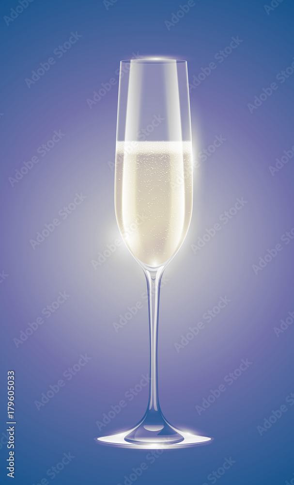 Transparent champagne glass with sparkling white wine. Faded violet retro vintage background. New Year or other event greeting card Transparent champagne glass with sparkling white wine. Faded violet retro vintage background. New Year or other event greeting card
