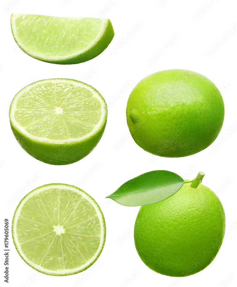 Collection of whole and cut lime fruits with green leaves Collection of whole and cut lime fruits with green leaves