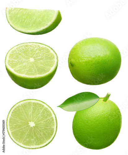 Collection of whole and cut lime fruits with green leaves