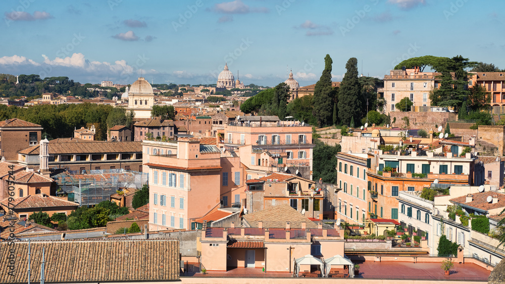 Arranged roofs and domes of Rome city center, Italy
