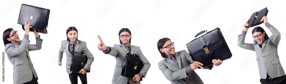 Young businessman in gray suit holding briefcase isolated on whi Young businessman in gray suit holding briefcase isolated on whi