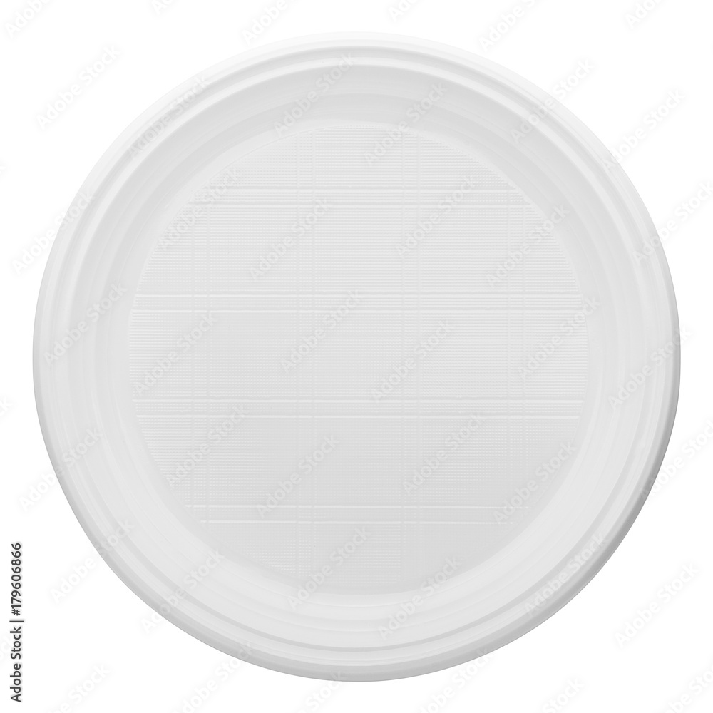 Disposable white plastic plate, clipping path, isolated on white background Disposable white plastic plate, clipping path, isolated on white background