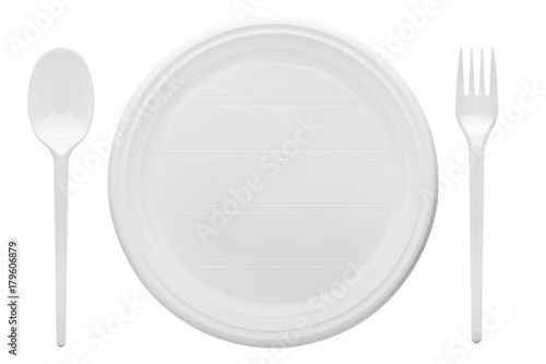 Disposable white plastic plate, spoon, fork, clipping path, isolated on white background