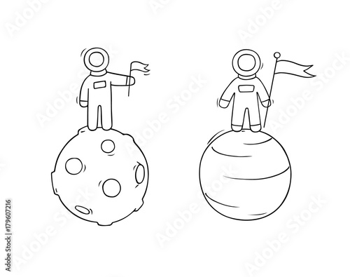 Sketch set of astronauts with flag.