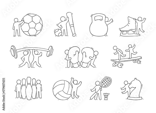 set of sketch little people with sport equipment