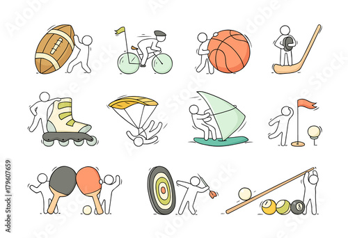 sketch little people with sport equipment