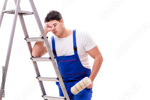 Young painter man with ladder isolated on white background
