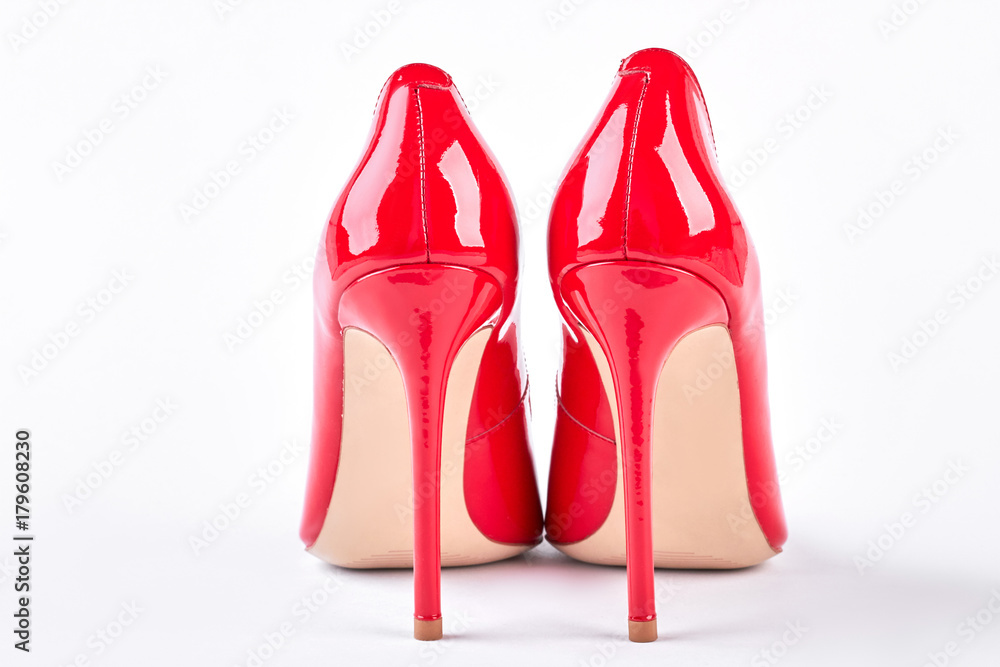 Luxurious White Wedding Shoes with High Heels on a Red Background. Rear  View Stock Image - Image of glamour, heels: 183413629