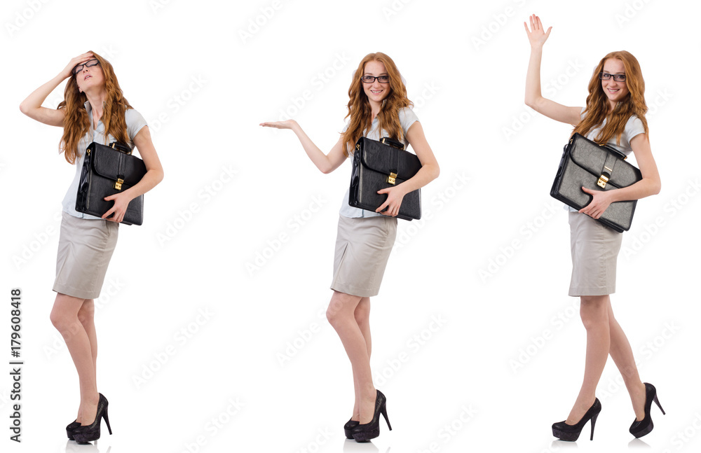 Pretty young employee with briefcase isolated on white Pretty young employee with briefcase isolated on white