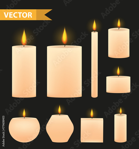 Realistic beige candles set. 3d burning candle collection. Isolated on a black background. Vector illustration