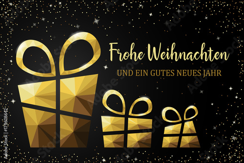 Frohe Weihnachten und Silvester Weihnachtskarte mit Geschenke gold schwarz