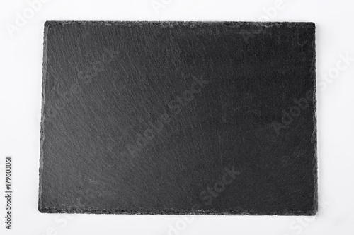 Square slate stand, white background. Slate stone tray isolated on white background, top view. Slate cheese board.