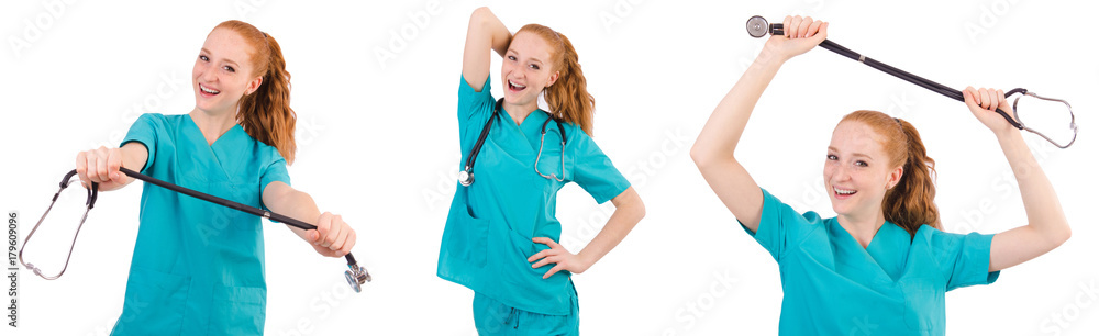 Young medical trainee with stethoscope isolated on white Young medical trainee with stethoscope isolated on white