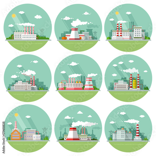 Industrial landscape set. The nuclear power plant and factory on the background of the city.Vector flat illustration