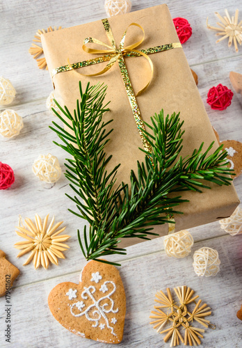 Christmas festive card with fir branches and festive decor