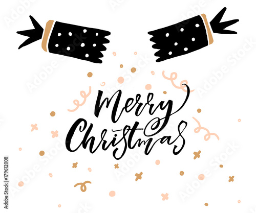 Hand drawn chracker with decorations and calligraphy Merry Christmas caption.