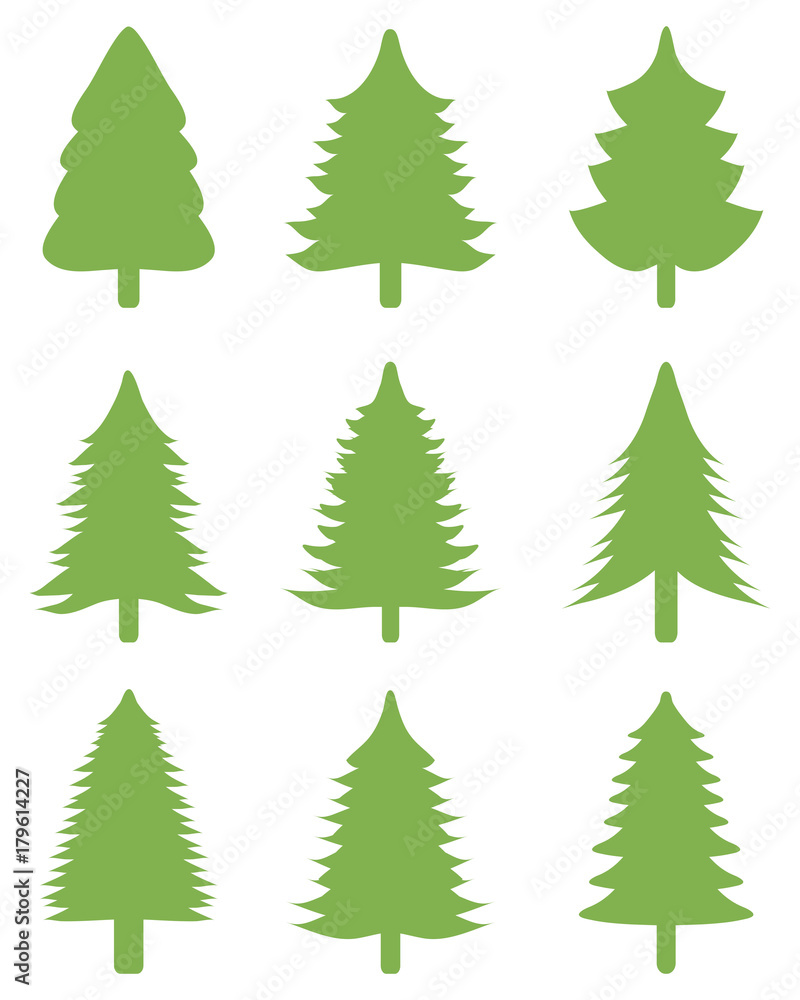 Set of green Christmas trees on a white background