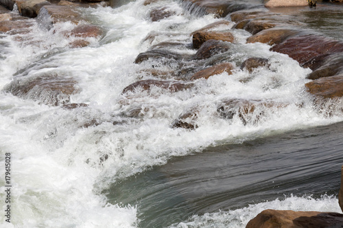 Channel and man made rock feature in the Durango whitewater park in Colorado