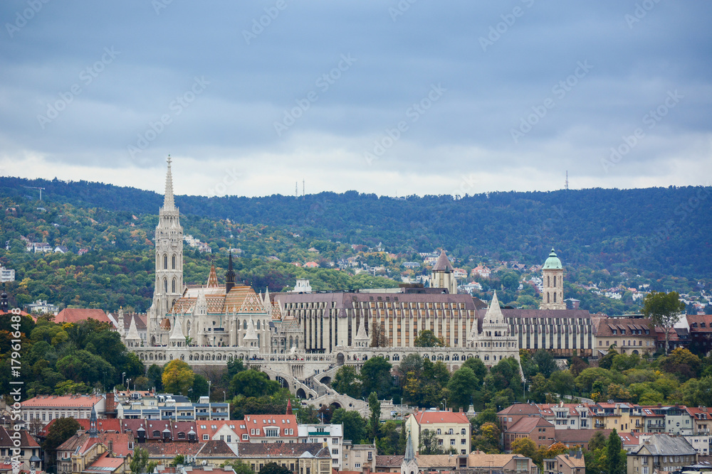 Cityscape of Budapest, Fisherman's Bastion and beautiful hills, Hungary. Old european town
