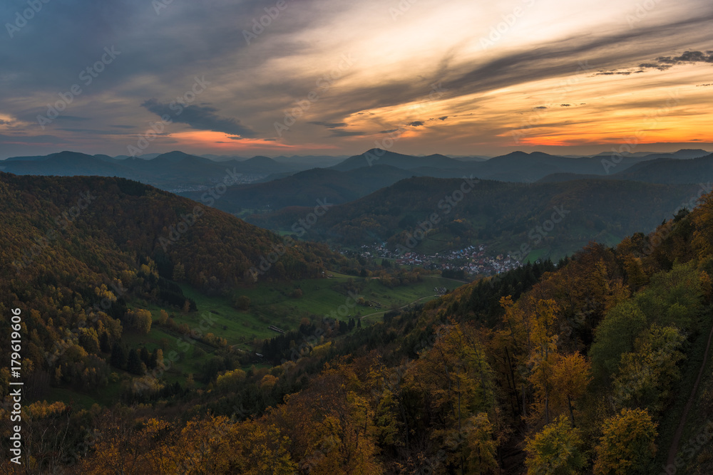 Panoramic view from the castle ruin Neuscharfeneck in the Palatinate Forest near Ramberg and Dernbach in Germany.