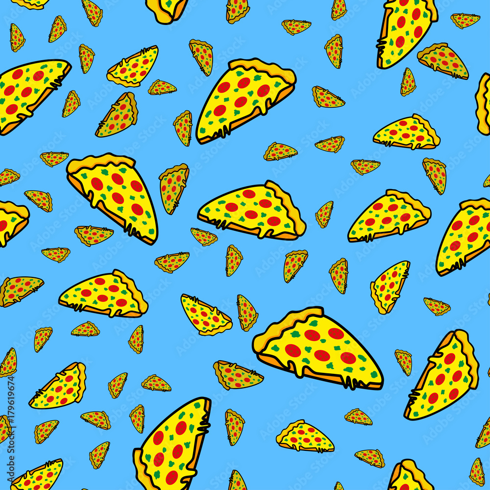 Abstract seamless pizza pattern for girls or boys. Creative vector background with italian pizza, tomatoes, . Funny wallpaper for textile and fabric. Fashion pizza style. Colorful bright picture Abstract seamless pizza pattern for girls or boys. Creative vector background with italian pizza, tomatoes, . Funny wallpaper for textile and fabric. Fashion pizza style. Colorful bright picture