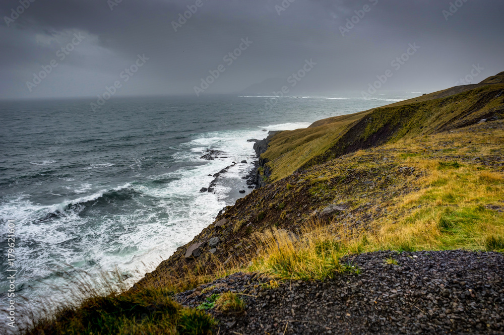 Atlantic Ocean in Iceland with clouds and mountains view grass f