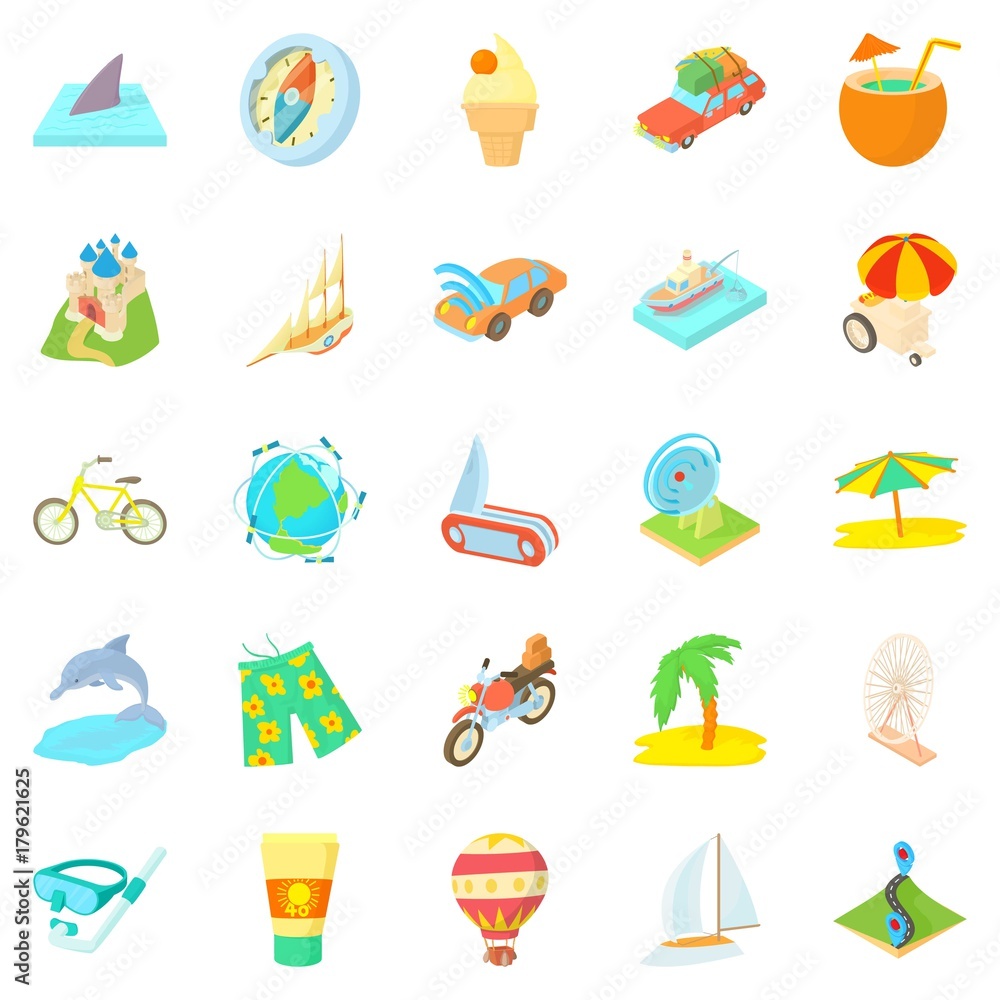 Honeymoon trip icons set, cartoon style Honeymoon trip icons set, cartoon style