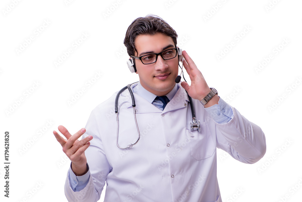 Young doctor with phone headset isolated on white Young doctor with phone headset isolated on white