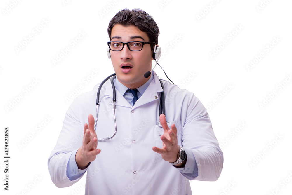 Young doctor with phone headset isolated on white
