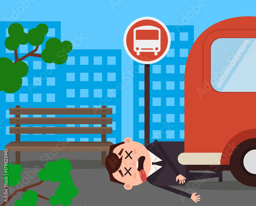 Unfortunately businessman office worker character hit by bus. Vector flat cartoon illustration