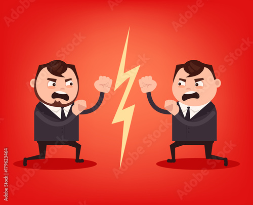 Two angry office workers character quarrel and fight. Teamwork concept. Vector flat cartoon illustration