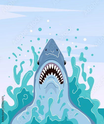 Big scary shark jump out of water. Vector flat cartoon illustration