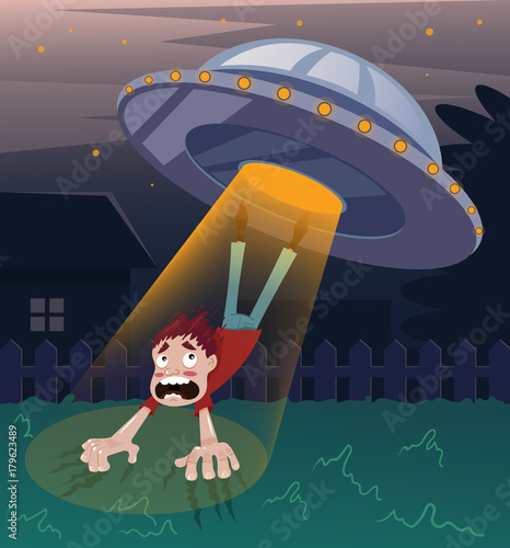 Frightened screaming man character abducted by aliens.Vector flat cartoon illustration
