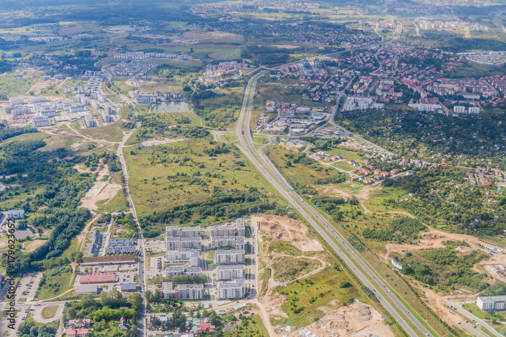 Aerial view of Gdansk suburbs with Armii Krajowej road, Poland
