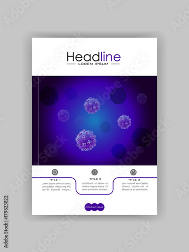 A4 Medical, scientific, academic journal cover design with bacteria, virus luminescence.