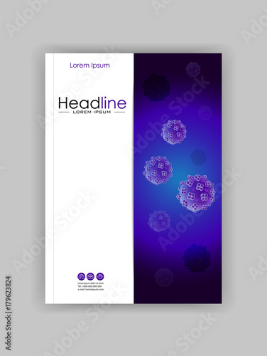 A4 Medical, scientific, academic journal cover design with bacteria, virus luminescence.