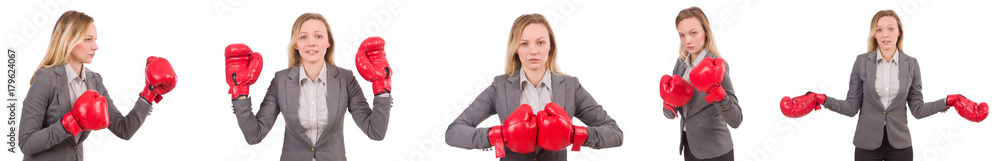 Woman businesswoman with boxing gloves on white Woman businesswoman with boxing gloves on white