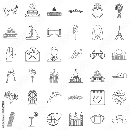Honeymoon icons set, outline style