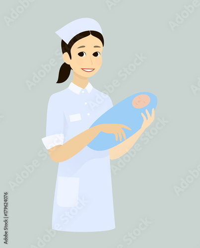 Nurse holding baby boy. Vector illustration of a maternal nurse take care of the baby boy.