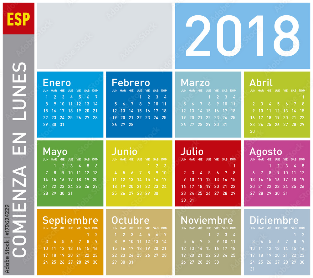 Colorful Calendar For Year 2018, In Spanish. Week Starts On Monday Stock  Vector | Adobe Stock