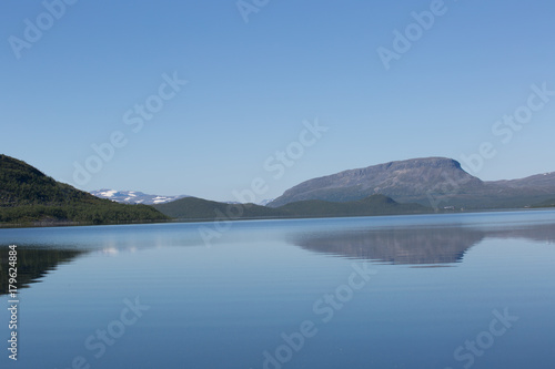 View of the lake Alanen Kilpisjärvi, in the horizon the mountain Saana, summer 