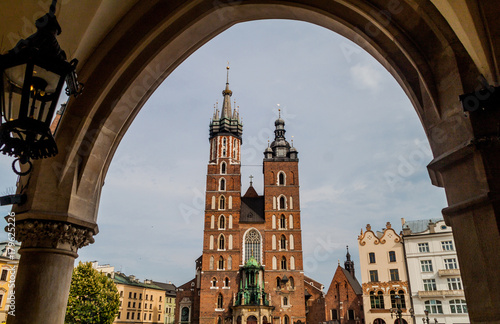 St. Mary church viewed from the Cloth Hall on Market square in Krakow, Poland