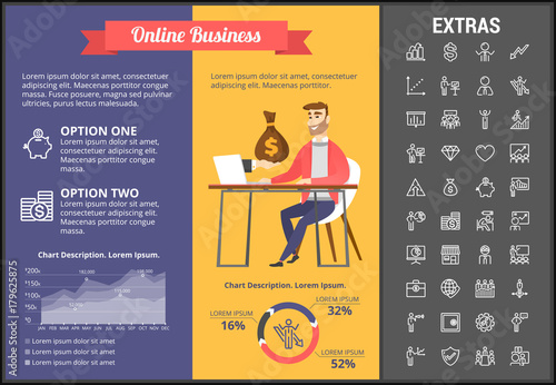 Online business infographic template, elements and icons. Infograph includes customizable graphs, charts, line icon set with stack of money, online market, business worker, mobile shop etc.