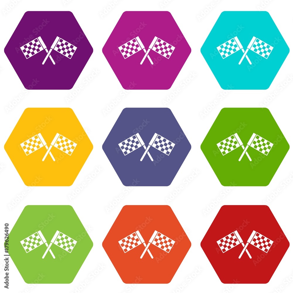 Crossed chequered flags icon set color hexahedron