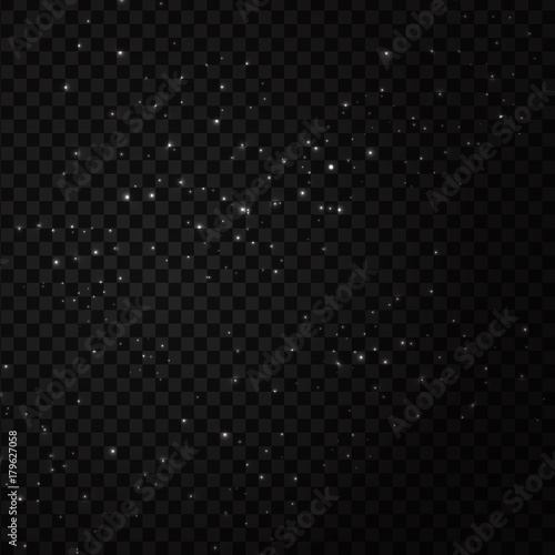 Vector white sparkle glitter stars effect on the transparent background. Realistic glowing light for decoration.