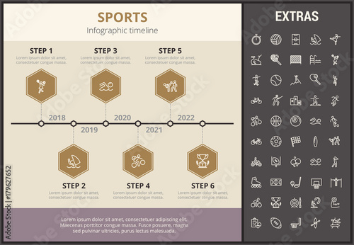 Sports infographic timeline template, elements and icons. Infograph includes step number options, line icon set with sport equipment, sports field, competitive games, champion pedestal, athlete etc.
