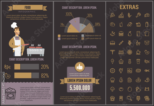 Food infographic template, elements and icons. Infograph includes customizable graphs, charts, line icon set with food ingredients, restaurant meal, fruit and vegetables, sweet snacks, fast food etc.